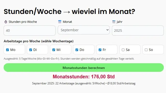 40 stunden woche wieviel im monat
